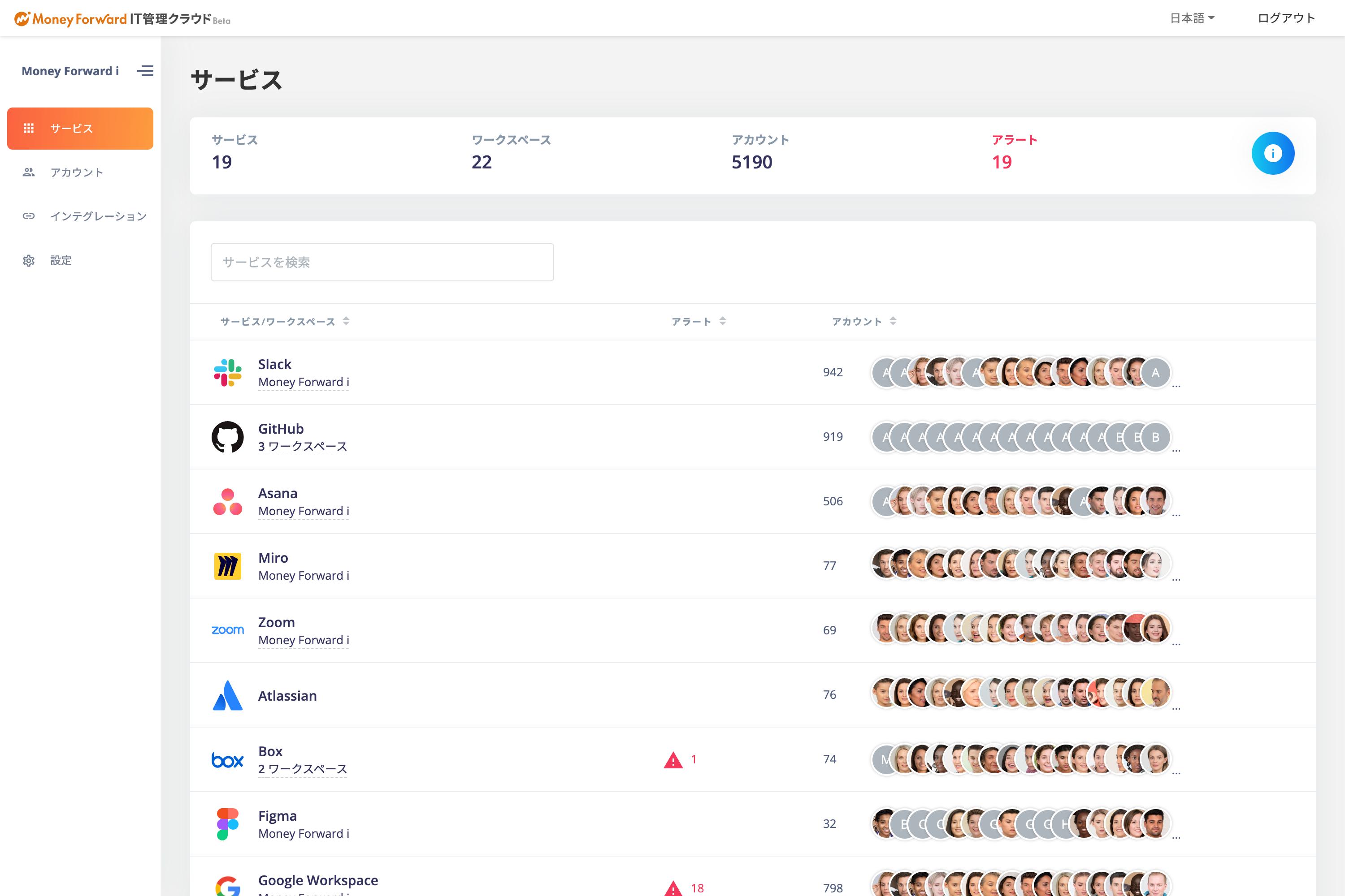 マネーフォワード AdminaのUI画面