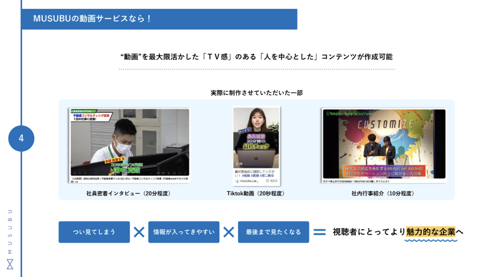 MUSUBUの採用動画制作サービスのUI画面