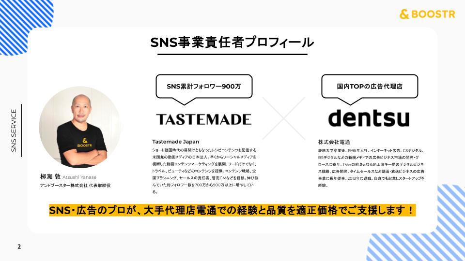 アンドブースターのSNS運用代行サービスのUI画面