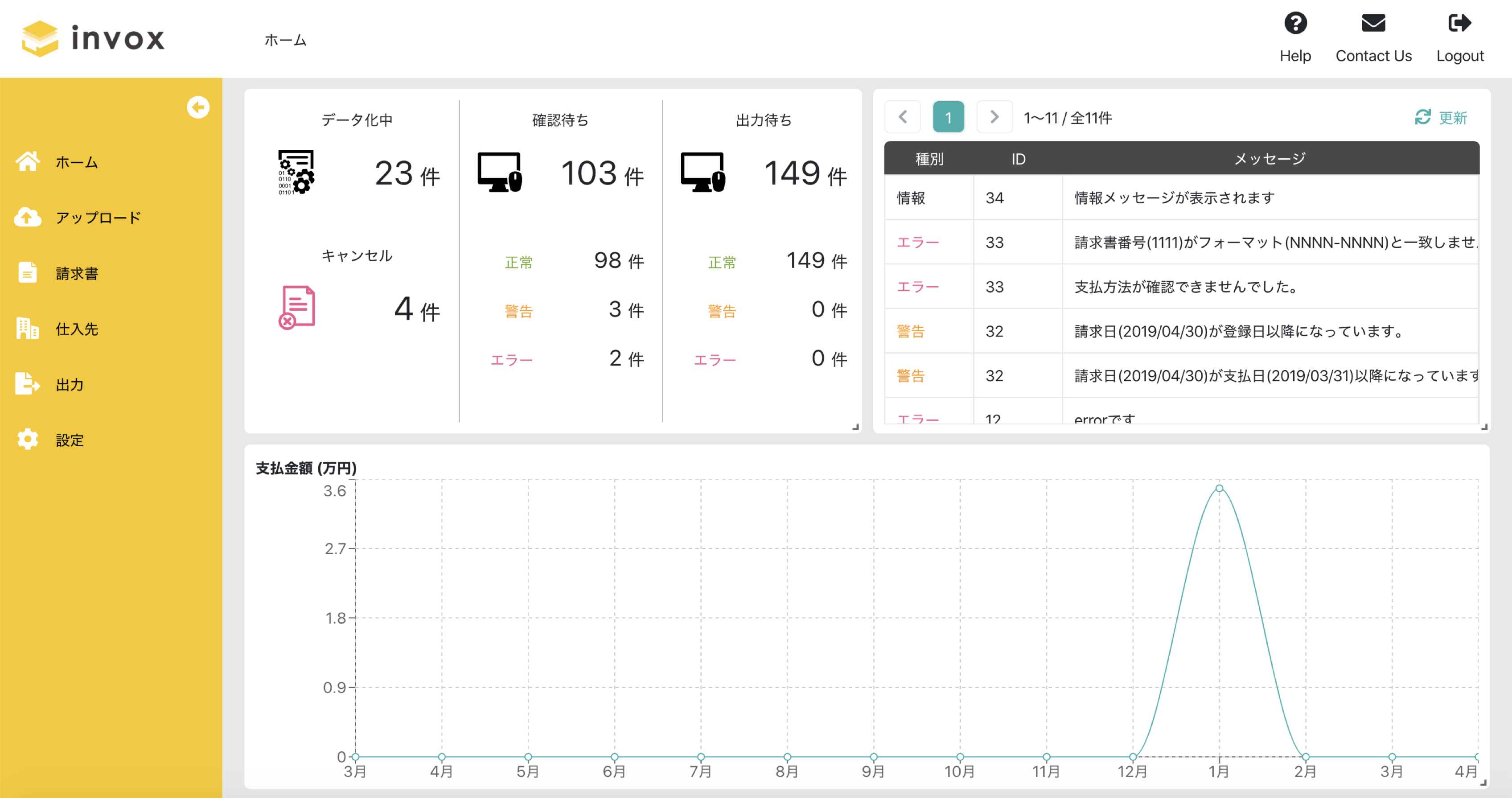 invox受取請求書のUI画面