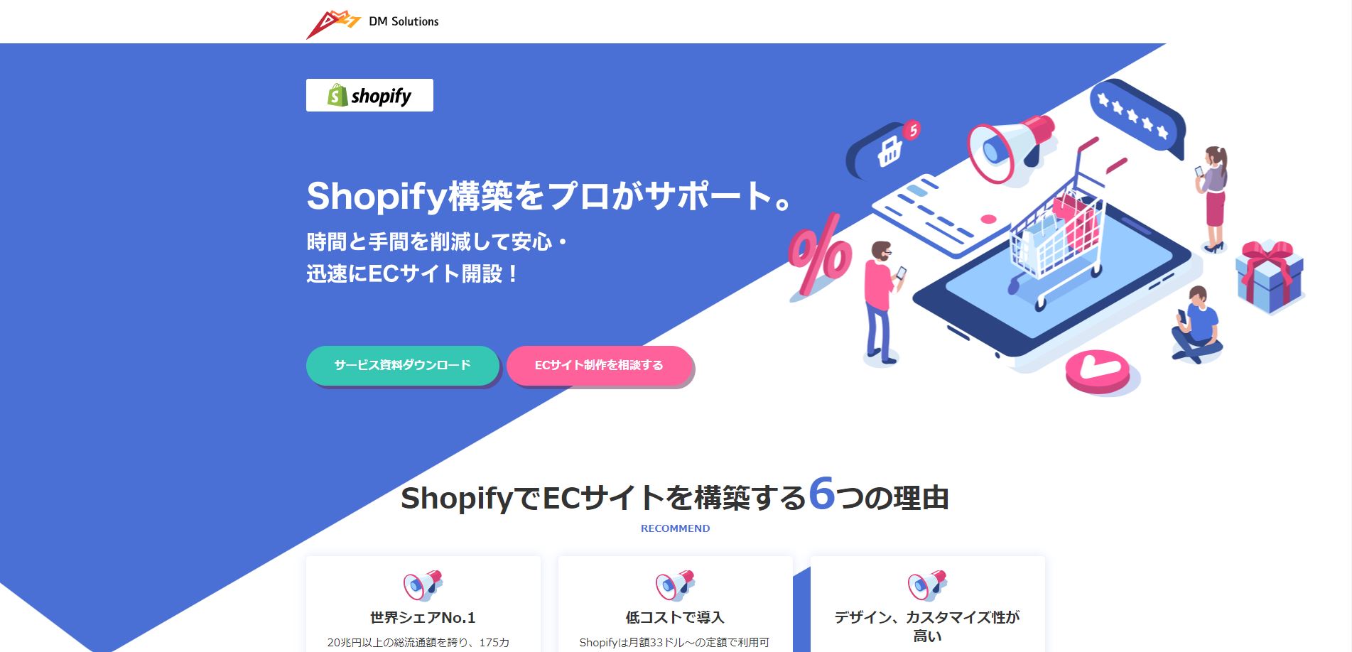 ディーエムソリューションズのECサイト構築サービスのUI画面