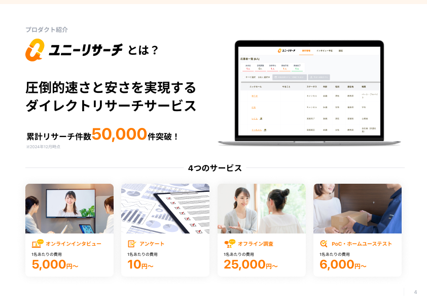 ユニーリサーチのUI画面