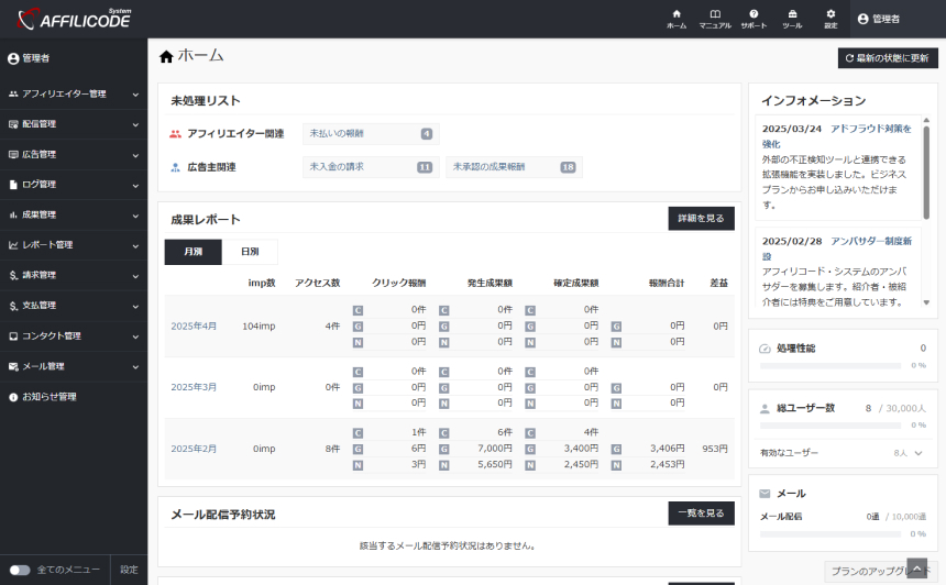 アフィリコード・システムのUI画面