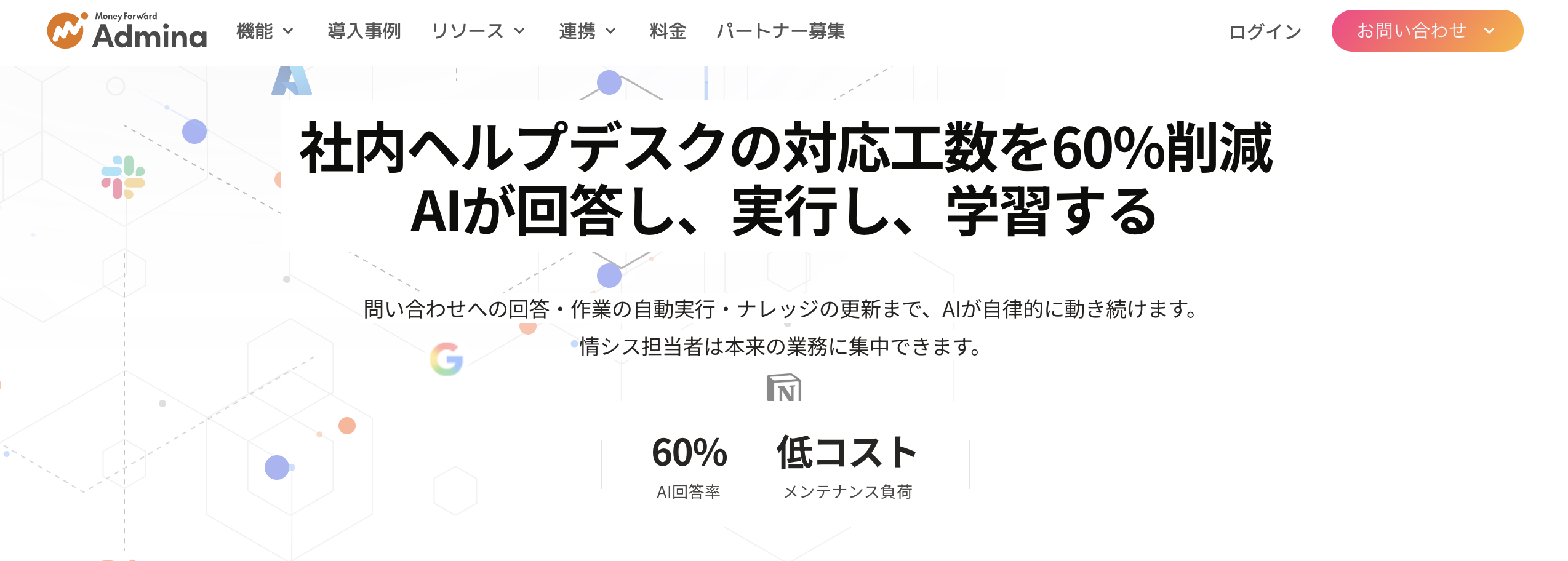 Admina AIヘルプデスクのUI画面
