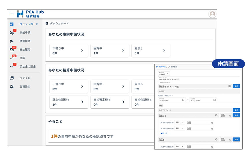 PCA Hub 経費精算のUI画面