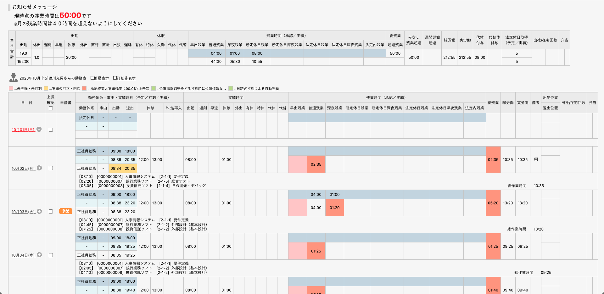 manage 勤怠のUI画面